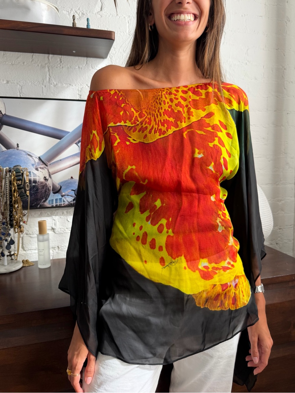 Roberto Cavalli Red Yellow and Black Off-Shoulder Sheer Blouse